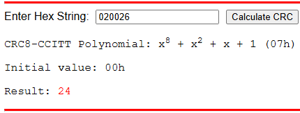  CRC Result for 0x020026, CRC-8-CCITT, Initial Value 0x00 