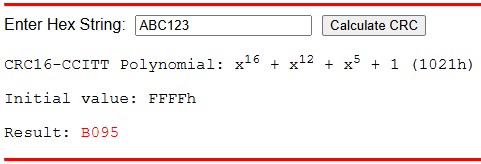  CRC Result for 0xABC123,
                    CRC-16-CCITT, Initial Value 0xFFFF