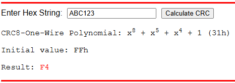  CRC Result for 0xABC123,
                    CRC-8-OneWire, Initial Value 0xFF