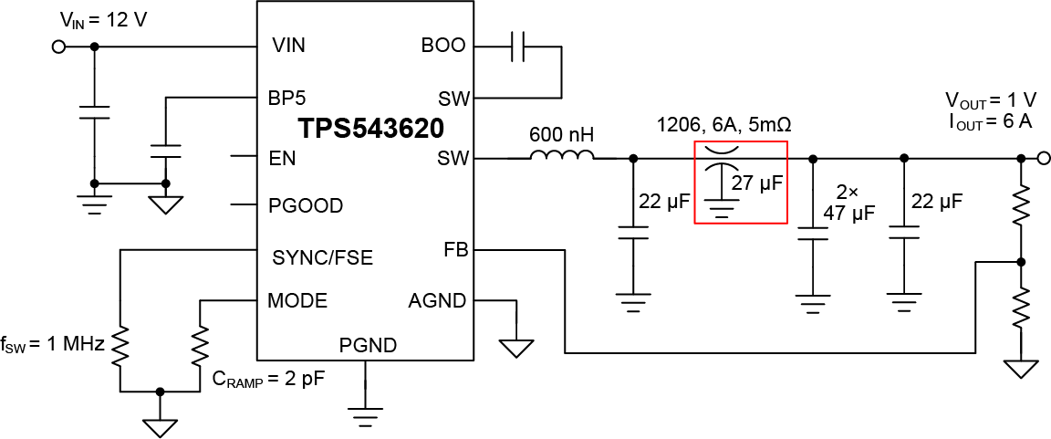  The TPS543620 EVM with a
                    feedthrough capacitor.