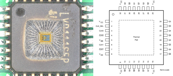  Photograph of Delidded
                    CDCLVP111-SEP (Left) and Pinout Diagram (Right)