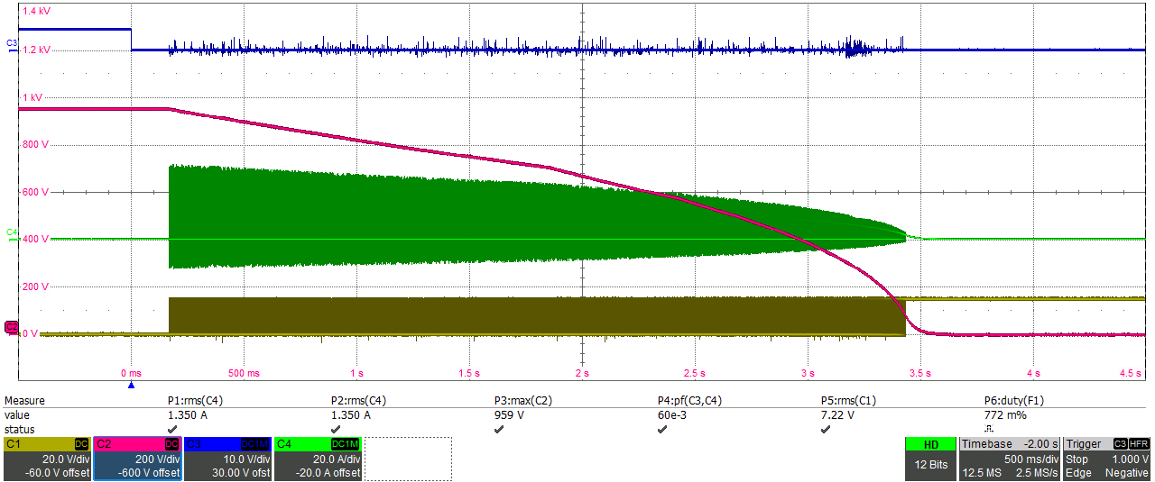 AM2634-Q1, C2000, UCC14240-Q1, UCC5870-Q1 基于智能 AFE 的直流鏈路有源放電（左）和測(cè)試波形（右）