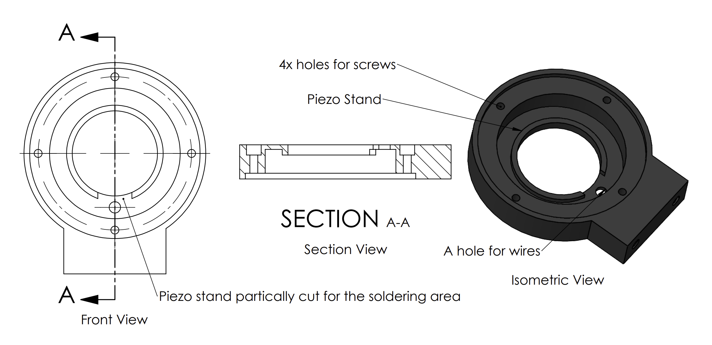  外殼底座：前視圖、剖面視圖和等比率視圖