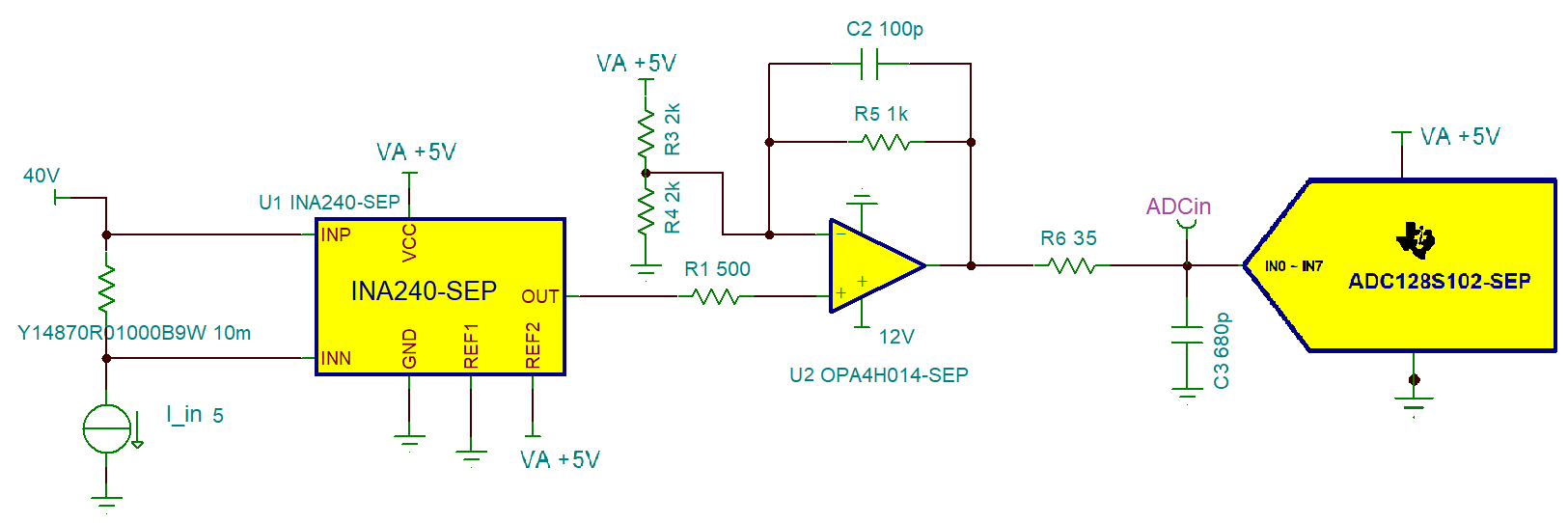 ADC128S102-SEP 電流檢測電路 2 原理圖