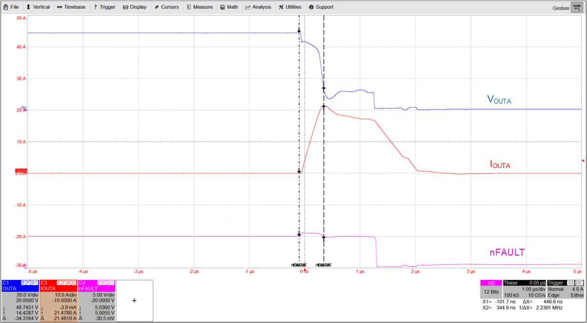  DRV8376 在發(fā)生短路事件（電壓為 48V）期間提供的過(guò)流保護(hù)功能