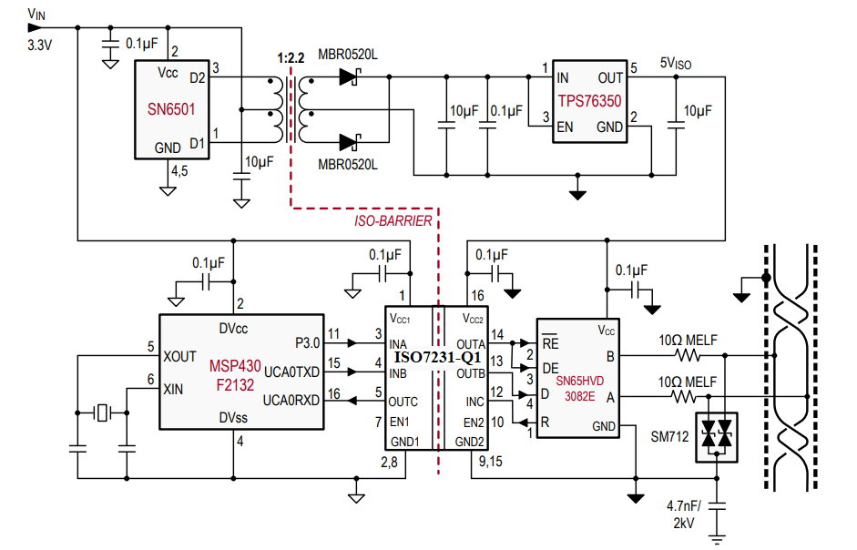 ISO7231C-Q1 典型 ISO7231-Q1 應用電路