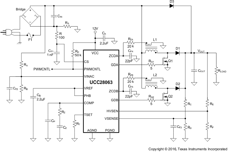 UCC28063 典型交錯轉(zhuǎn)換模式 PFC 前置穩(wěn)壓器