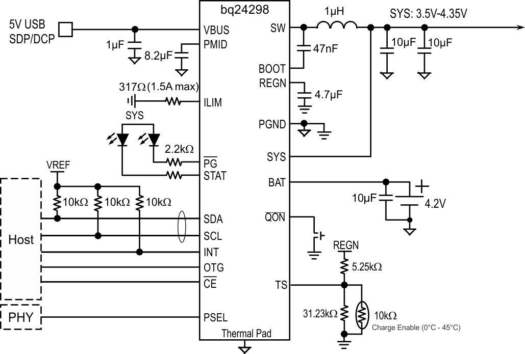 bq24298 PSEL 連接 PHY,通過 SDP/DCP 充電并帶有可選 BATFET
使能接口 bq24298 app_diag2_SLUSC59.gif