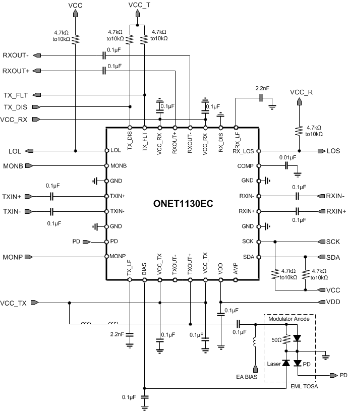 ONET1130EC 簡化電路原理圖 ONET1130EC Simp_Schem_Apps_Circ_w_PD_Cathode_SLLSEJ3.gif