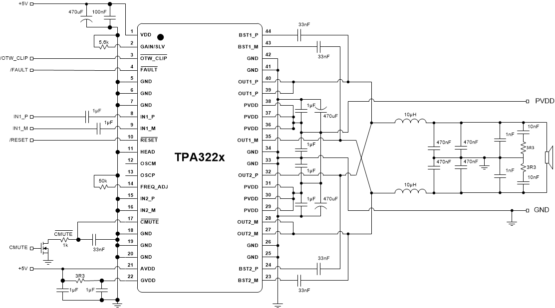 TPA3221 Typical Differential (2N) AD-Mode PBTL Application