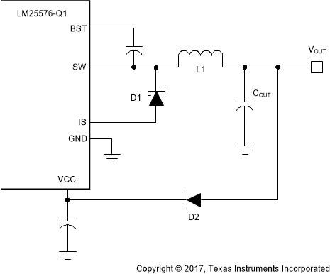 LM25576-Q1 8V < VOUT < 14V 時(shí)來(lái)自 VOUT 的 VCC 偏置