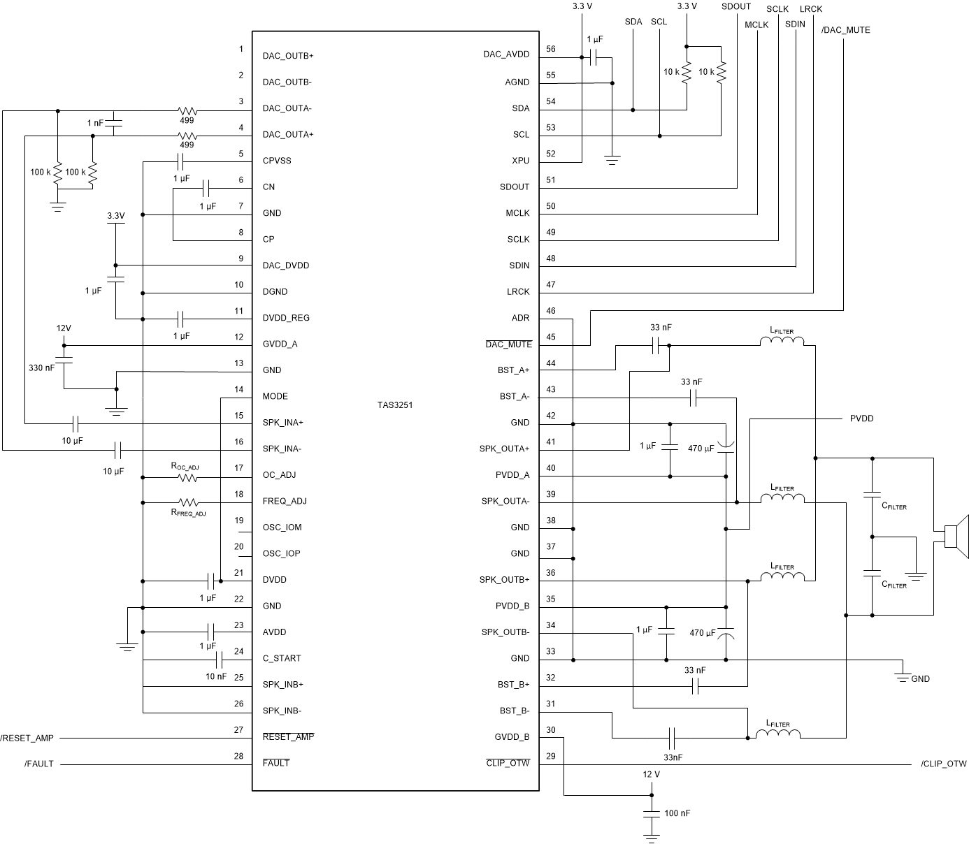 TAS3251 后置濾波器并行橋接負載 (PBTL) 應(yīng)用圖