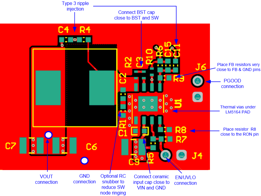LM5164-Q1 LM5164-Q1 單面 PCB 布局示例