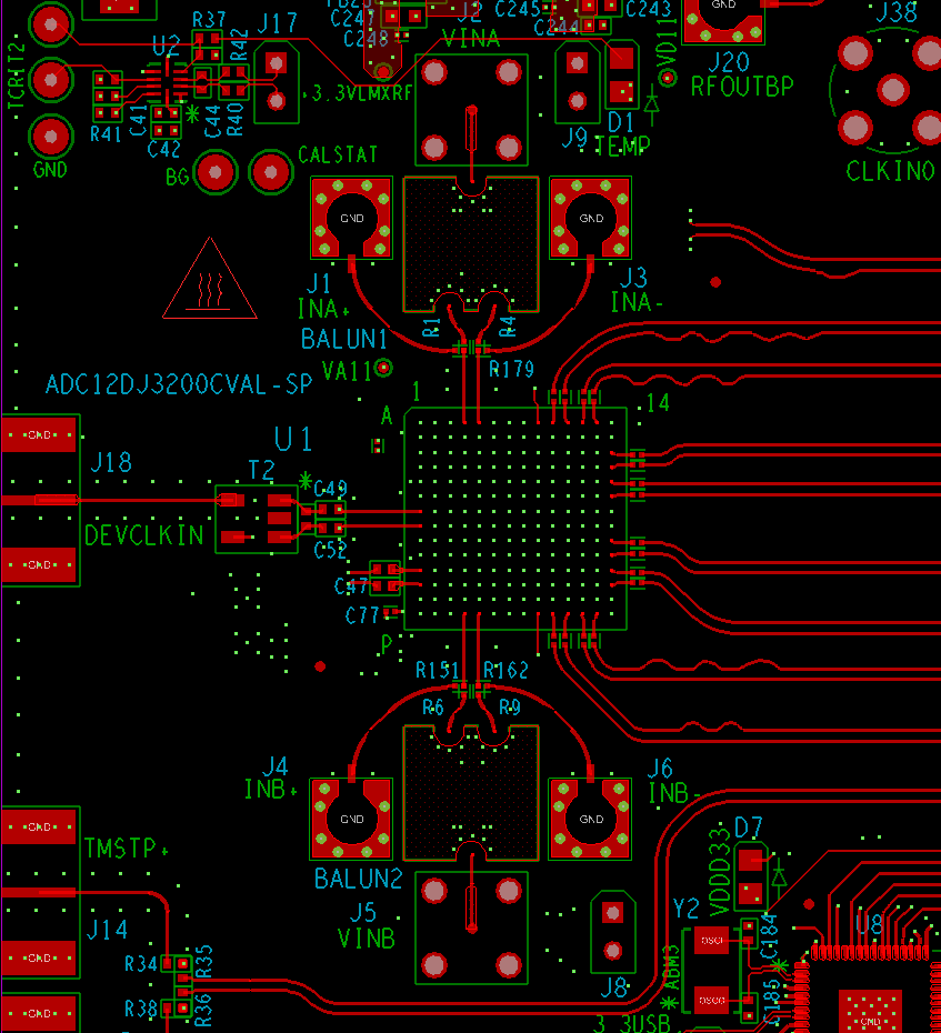 ADC12DJ3200QML-SP 頂層布線：模擬輸入，CLK 和 SYSREF，DA0-3，DB0-3