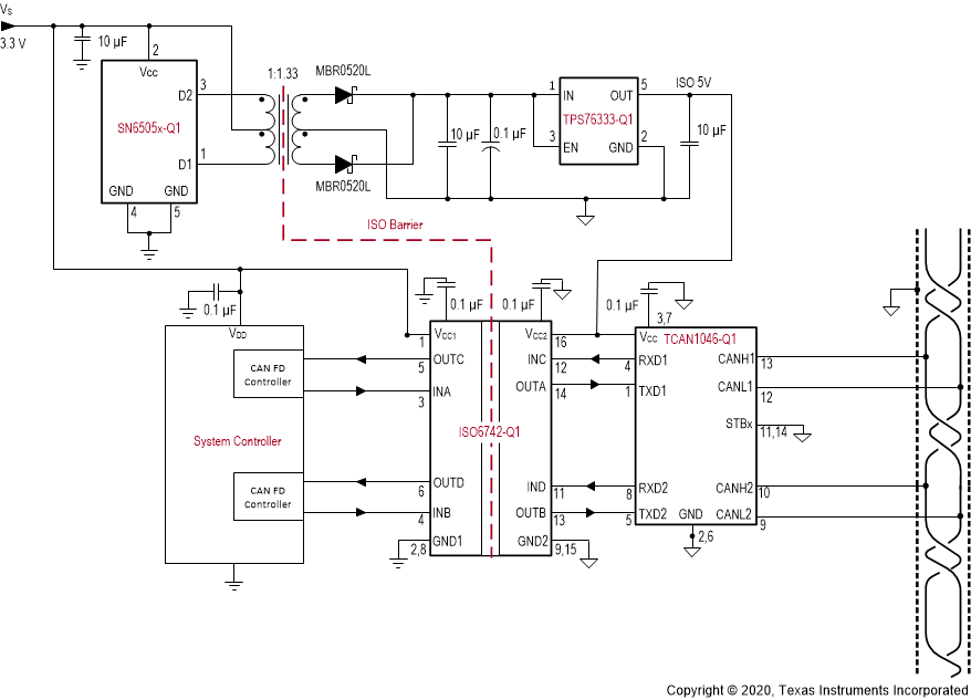 ISO6740-Q1 ISO6741-Q1 ISO6742-Q1 典型隔離式 CAN 應(yīng)用電路