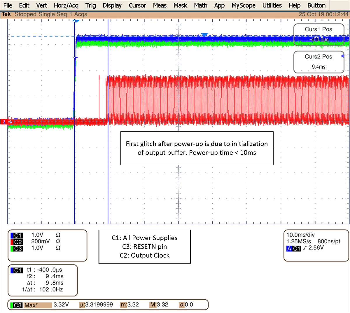 CDCE6214 所有電源 = 3.3V，VDD 斜坡時間 = 1ms