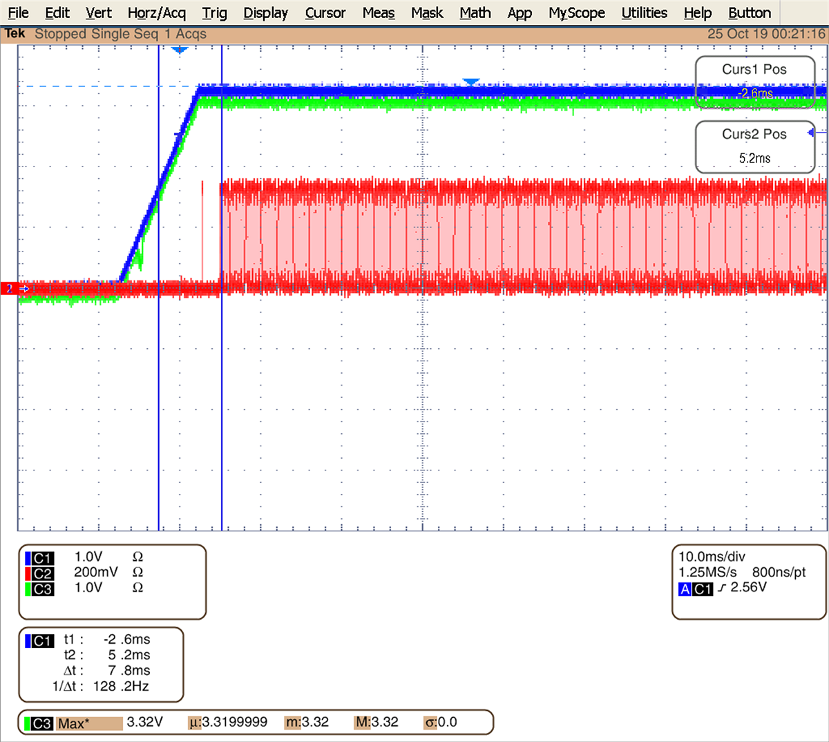 CDCE6214 所有電源 = 3.3V，VDD 斜坡時間 = 10ms