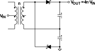 Half-Wave Rectifier Without Centered Ground and Center-Tapped Secondary Performs Voltage Doubling Twice, Hence Quadrupling VIN GUID-46E7636D-DBB1-4EF1-AC32-B73A5598D286-low.gif