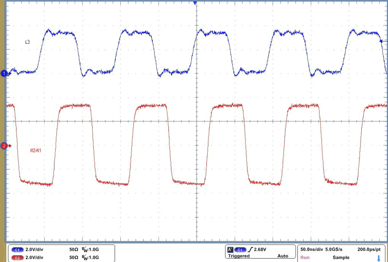 THVD4411 20Mbps 和 VCC = 5V 時的 RS-485 驅(qū)動器波形 THVD4411 20Mbps 和 VCC = 5V 時的 RS-485 驅(qū)動器波形