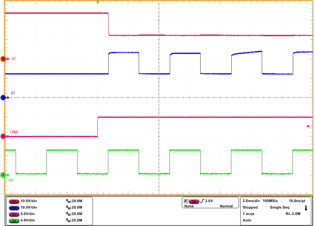 TPS1213-Q1 當(dāng) LPM = 低電平到高電平時(shí)，INP 獲得對 G1 的控制（VIN = 12V，無負(fù)載）