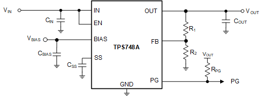 TPS748A 典型應(yīng)用電路（可調(diào)節(jié)）