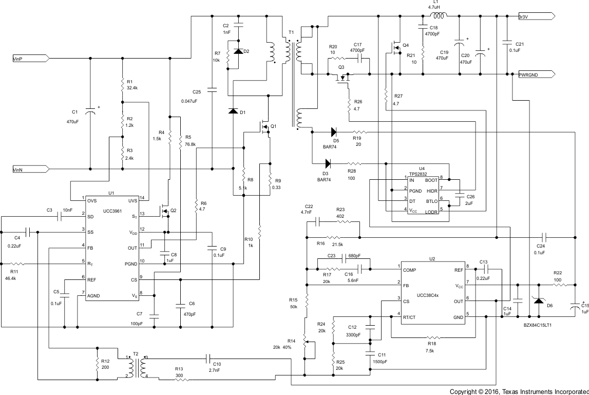 UCC28C40 UCC28C41 UCC28C42 UCC28C43 UCC28C44 UCC28C45 UCC38C40 UCC38C41 UCC38C42 UCC38C43 UCC38C44 UCC38C45 使用 UCC38C42 作為次級(jí)側(cè)控制器并具有同步整流功能的正向轉(zhuǎn)換器