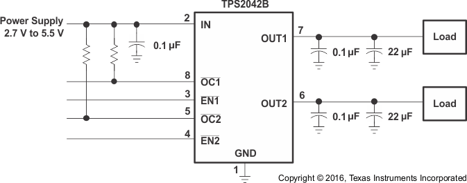 TPS2041B TPS2042B TPS2043B TPS2044B  TPS2051B TPS2052B TPS2053B TPS2054B 典型應(yīng)用原理圖