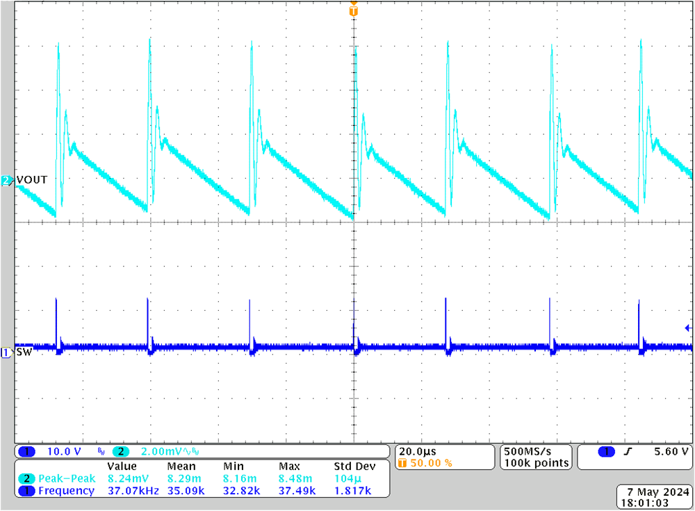 TPS546B26 輸出電壓紋波，1.2V Vout，800kHz DCM，空載