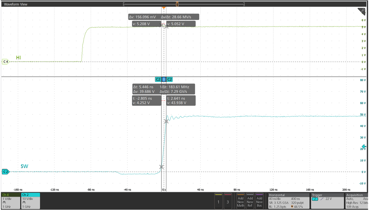 LMG3100R017 LMG3100R044 展示了降壓配置下 RBST = 3Ω 時的死區(qū)時間和上升時間的 SW 節(jié)點行為