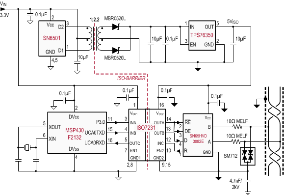 ISO7230C ISO7231C ISO7231M 隔離式 RS-485 應(yīng)用電路
