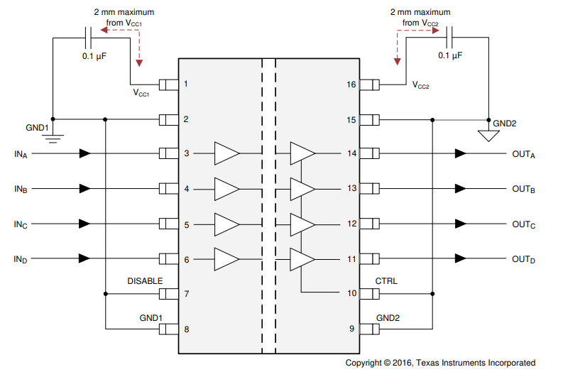 ISO7240CF-Q1 ISO7241C-Q1 ISO7242C-Q1 ISO7240CF-Q1 典型電路組裝