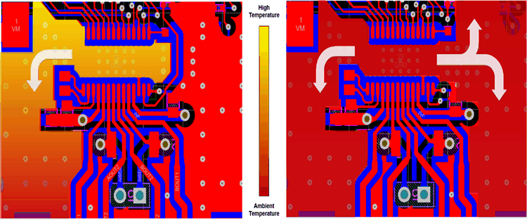 DRV81545 中斷接地平面覆銅與連續(xù)接地平面覆銅的熱圖