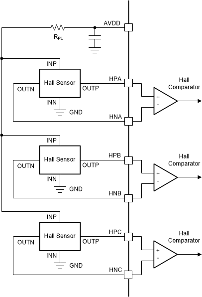 MCT8376Z-Q1 以并行配置連接的霍爾傳感器