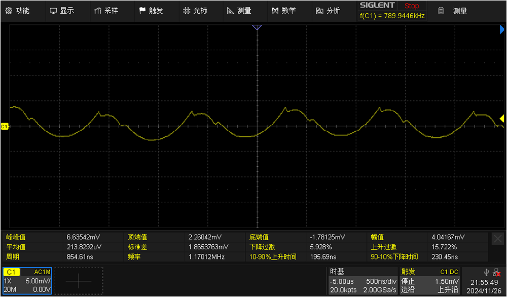  電源模塊TPSM863257EVM輕載時的電壓紋波（輸出電容
                    44uF）