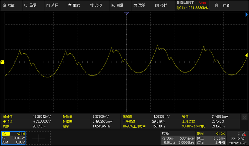 電源模塊TPSM863257EVM輕載時的電壓紋波（輸出電容22uF）