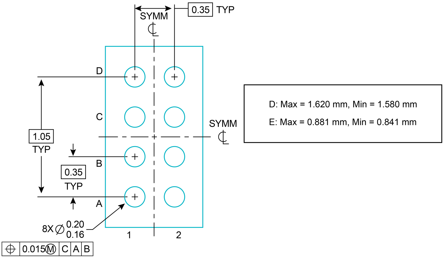  MSPM0C1104 八球 WCSP
                            封裝圖紙（標稱值為 1.50 x 0.86mm，厚度為 0.35mm）