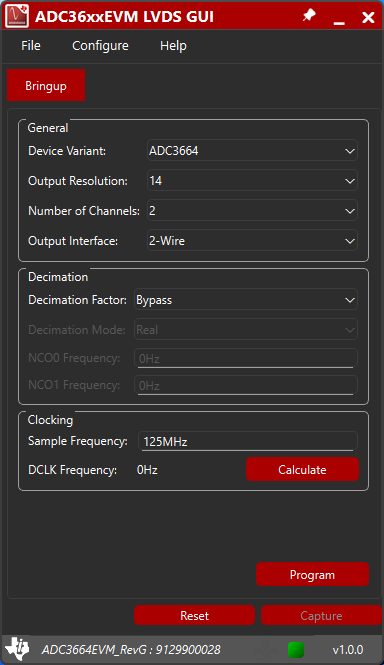 ADC3663EVM, ADC3664EVM, ADC3683EVM ADC36xx LVDS GUI 默認(rèn)界面（基于 ADC3664 配置）