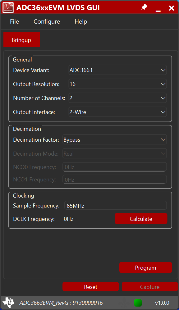 ADC3663EVM, ADC3664EVM, ADC3683EVM ADC36xx LVDS GUI 默認(rèn)界面（基于 ADC3663 配置）