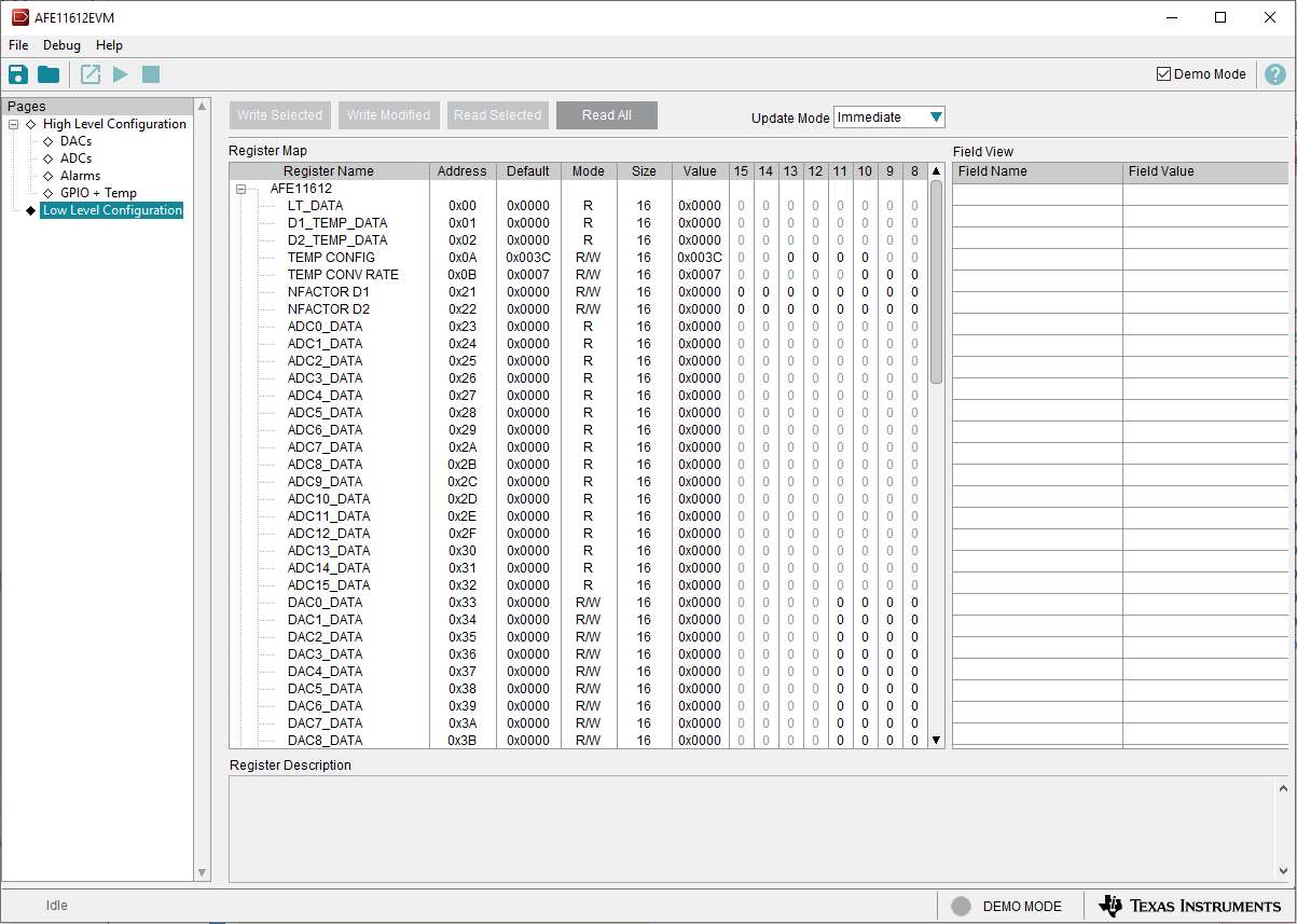 AFE11612EVM “Low Level Configuration”頁(yè)面