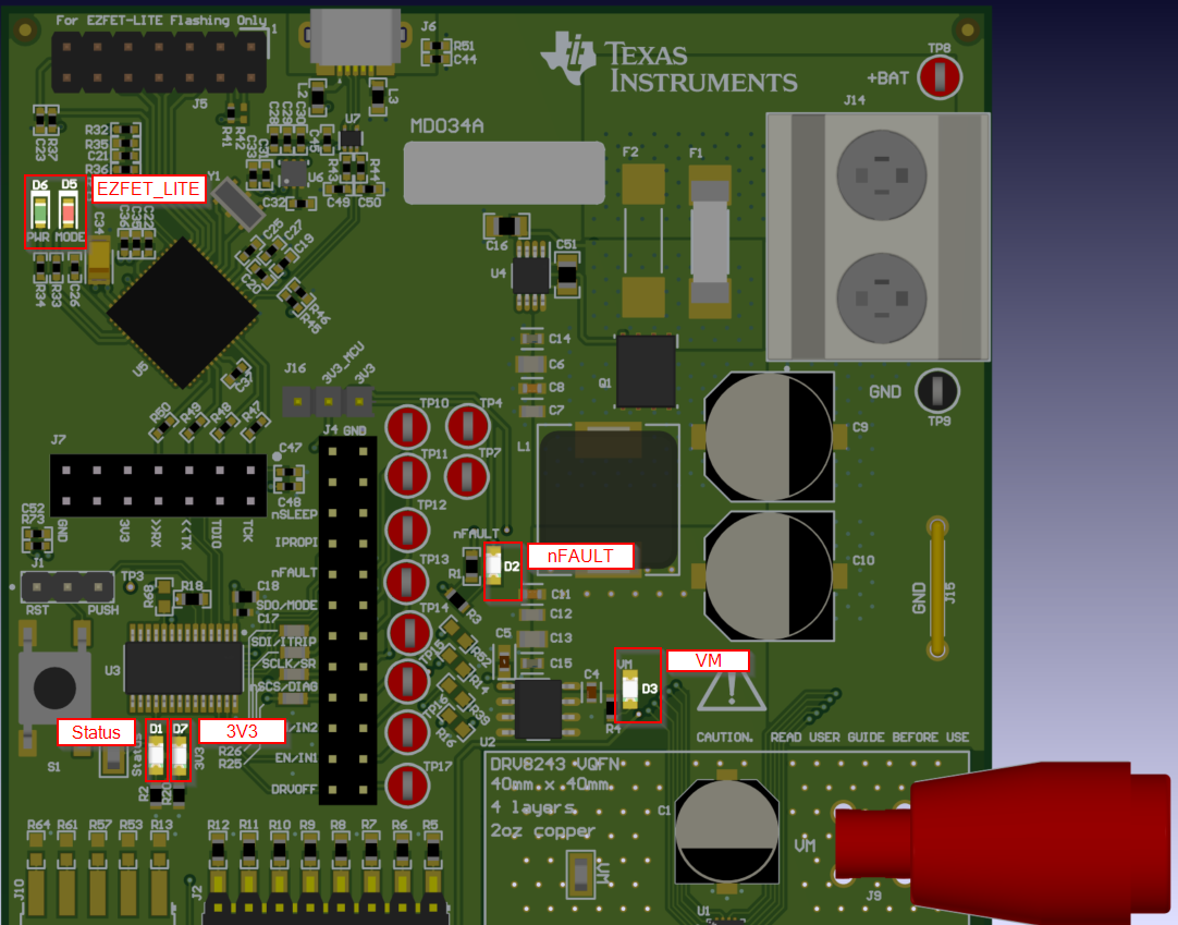 DRV8243S-Q1EVM, DRV8243H-Q1EVM, DRV8244S-Q1EVM, DRV8244H-Q1EVM, DRV8245S-Q1EVM EVM LED 指示器