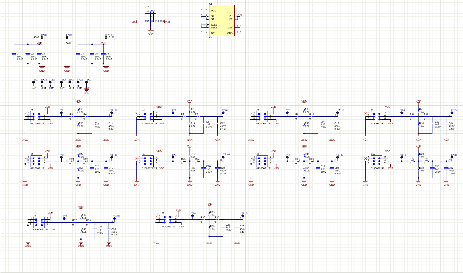 TMUX10DGSEVM 主原理圖 – 顯示了 TMUX10DGS 的所有元件