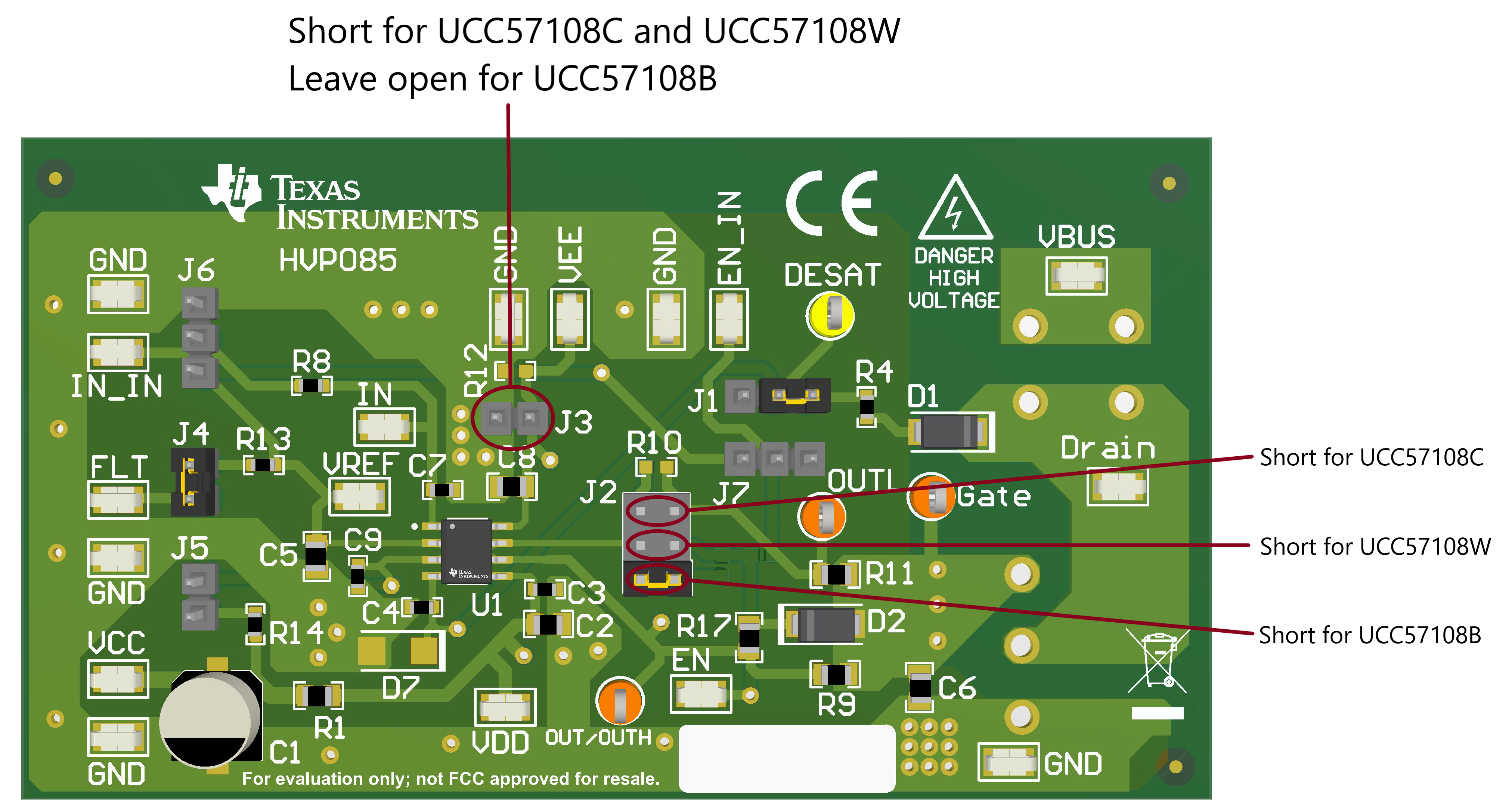UCC57108EVM 每個 UCC57108 IC 型號的跳線 J2 和 J3 選擇