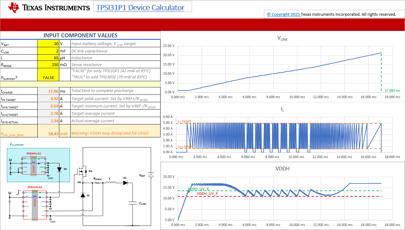 TPSI31PXQ1EVM TPSI31P1 器件計算器示例 2，VDDH 命中 UVLO