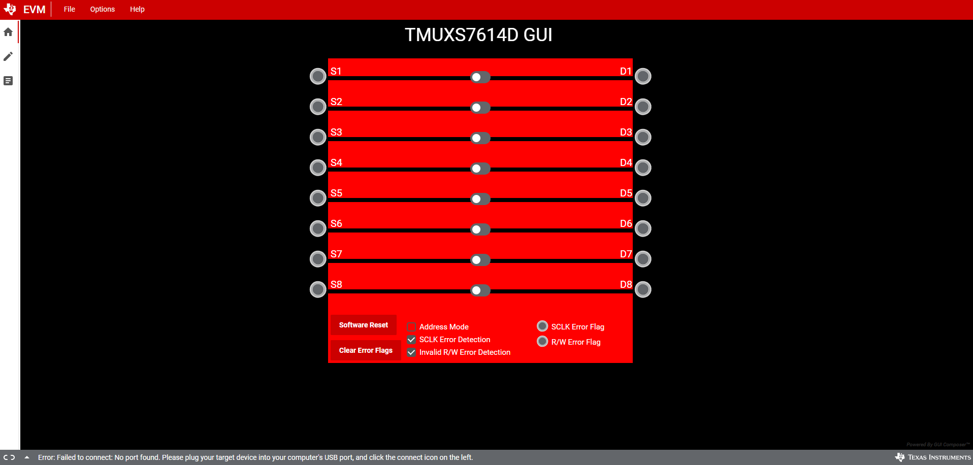 TMUXS7614DEVM TMUXS7614D-SPI-EVM GUI 主頁選項(xiàng)卡