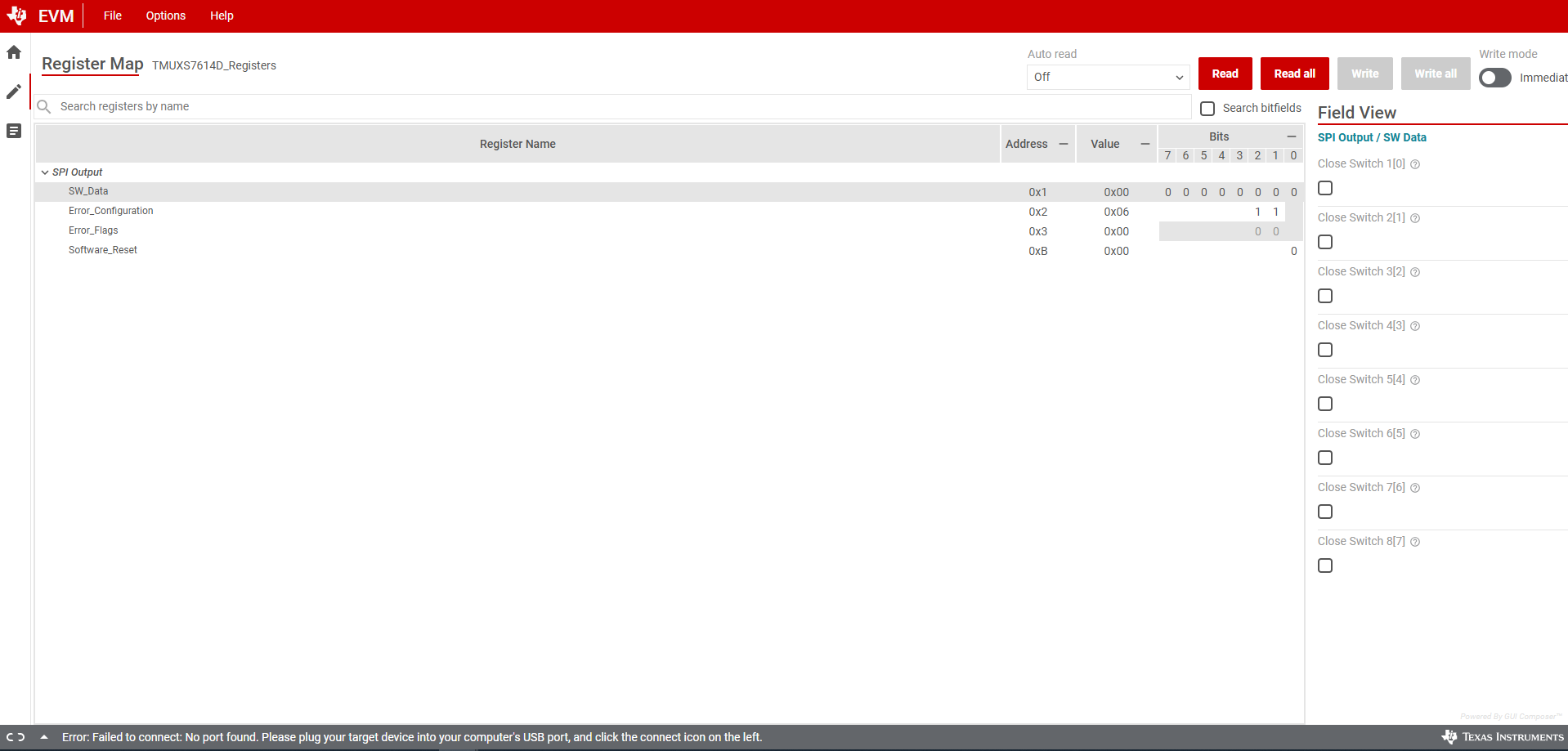 TMUXS7614DEVM TMUXS7614D-SPI-EVM GUI 寄存器映射選項(xiàng)卡