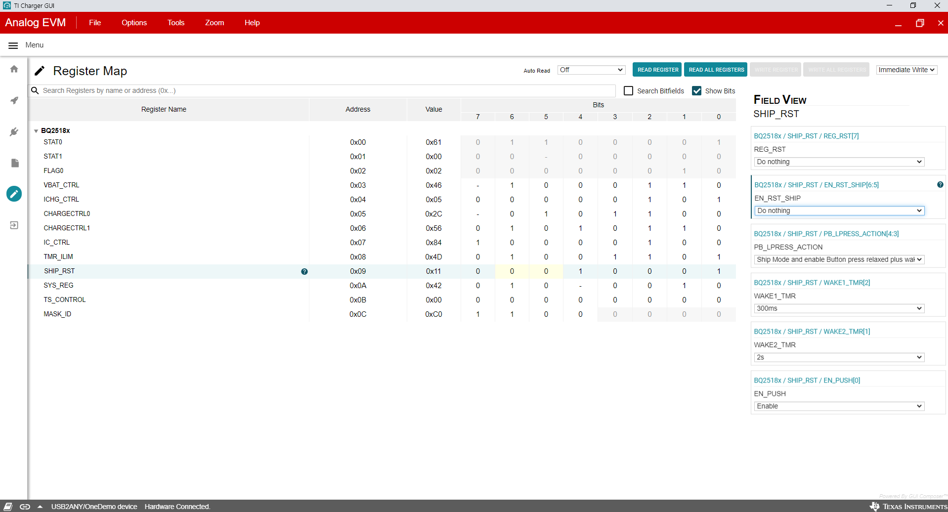 BQ25188EVM SHIP_RST 寄存器