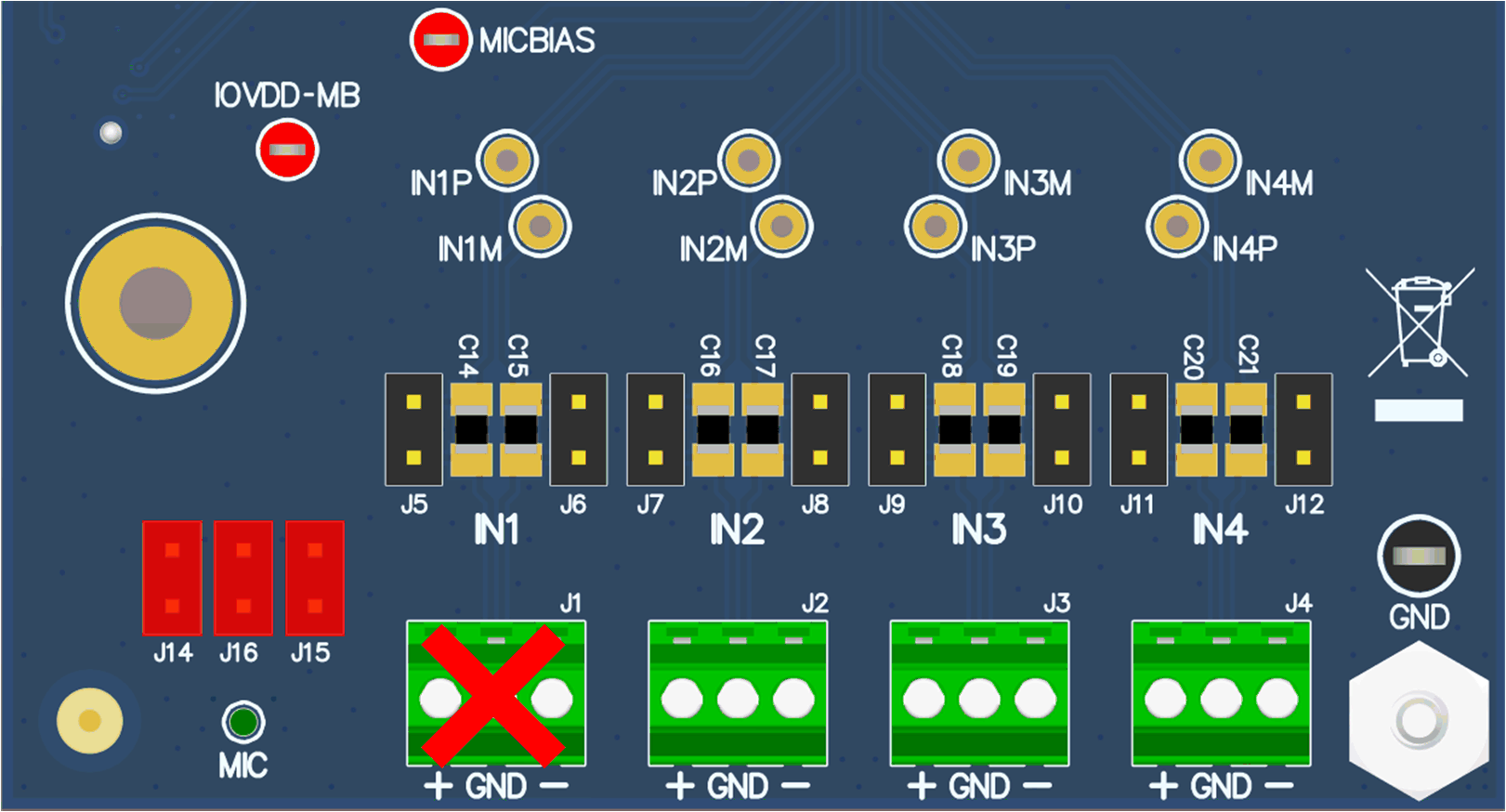 TAA3040 用于板載麥克風(fēng)測試的 TAA3040EVB 連接