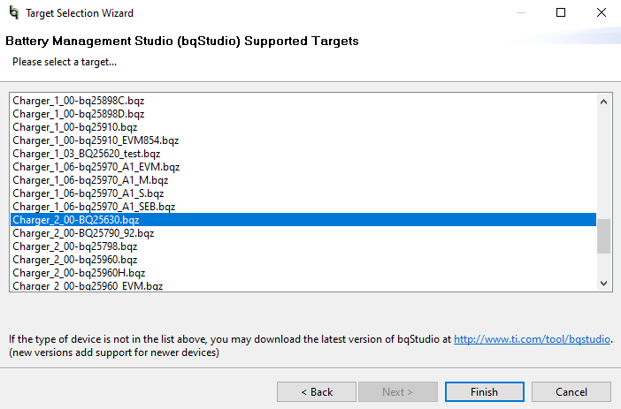 BQ25630EVM BQStudio 充電器選擇窗口（選擇 Charger_2_00-bq25630.bqz）