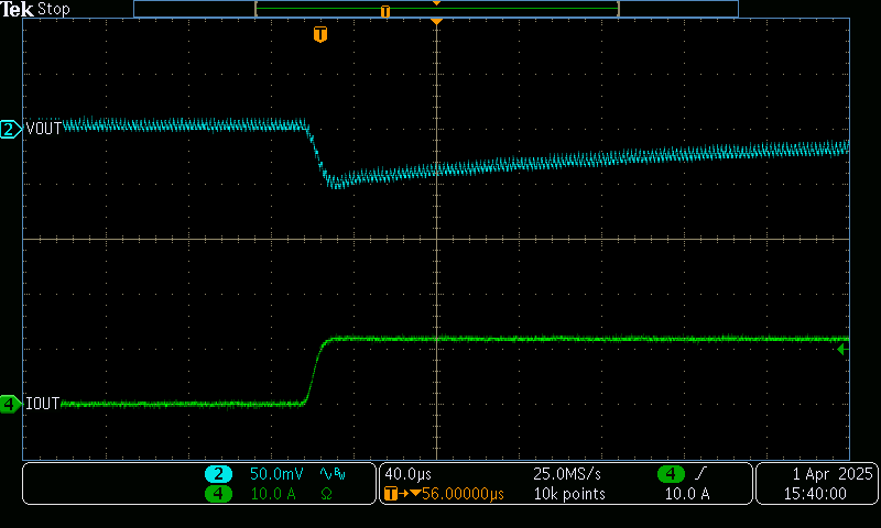 TPS7H4011EVM 對(duì) 100mA 至 12A 負(fù)載階躍的瞬態(tài)響應(yīng)（以
                        8A/μs 的速率）
