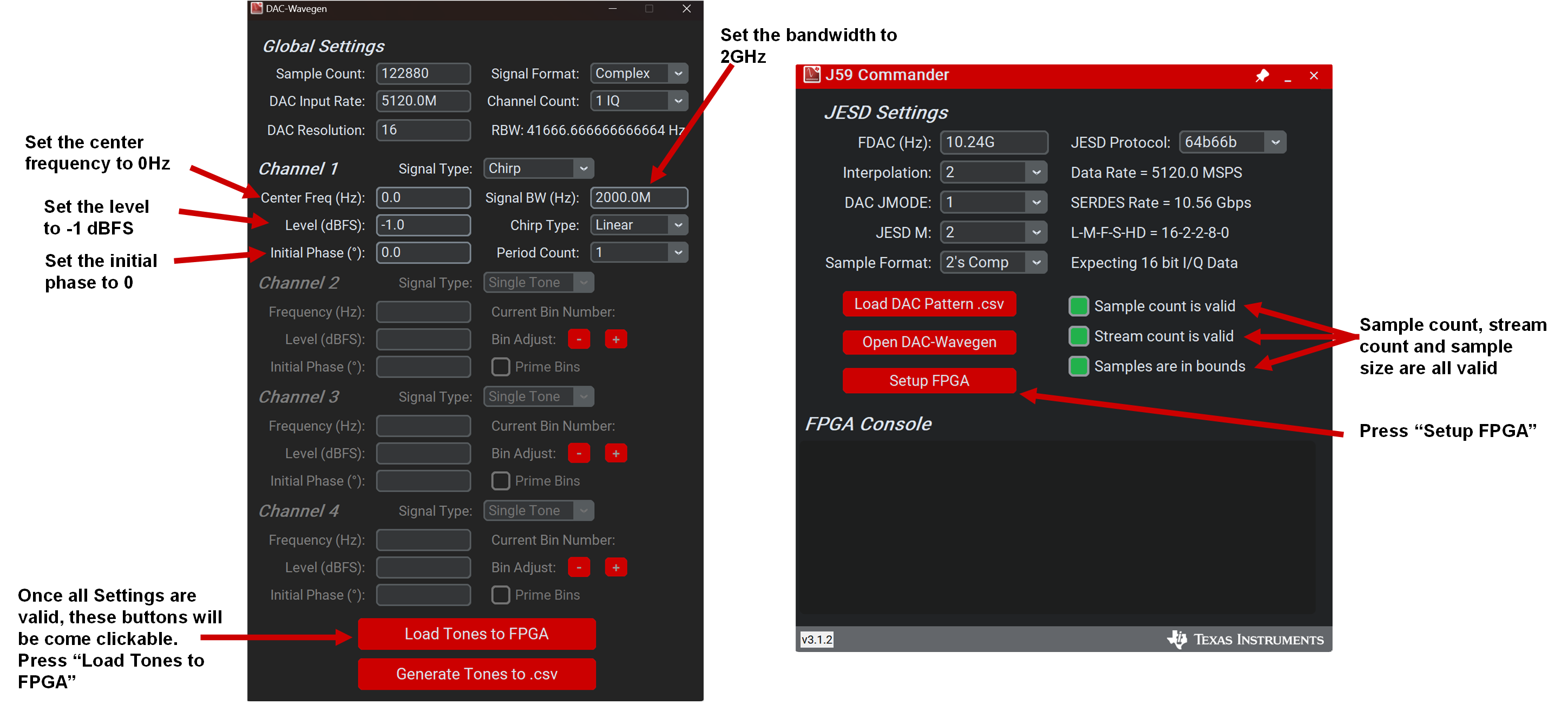 DAC39RF12EVM DAC Wavegen GUI 和 J59 命令設(shè)置詳細信息，步驟 3